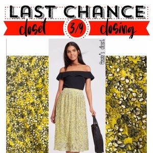 Yellow Black Floral Print Pleated Lace Midi